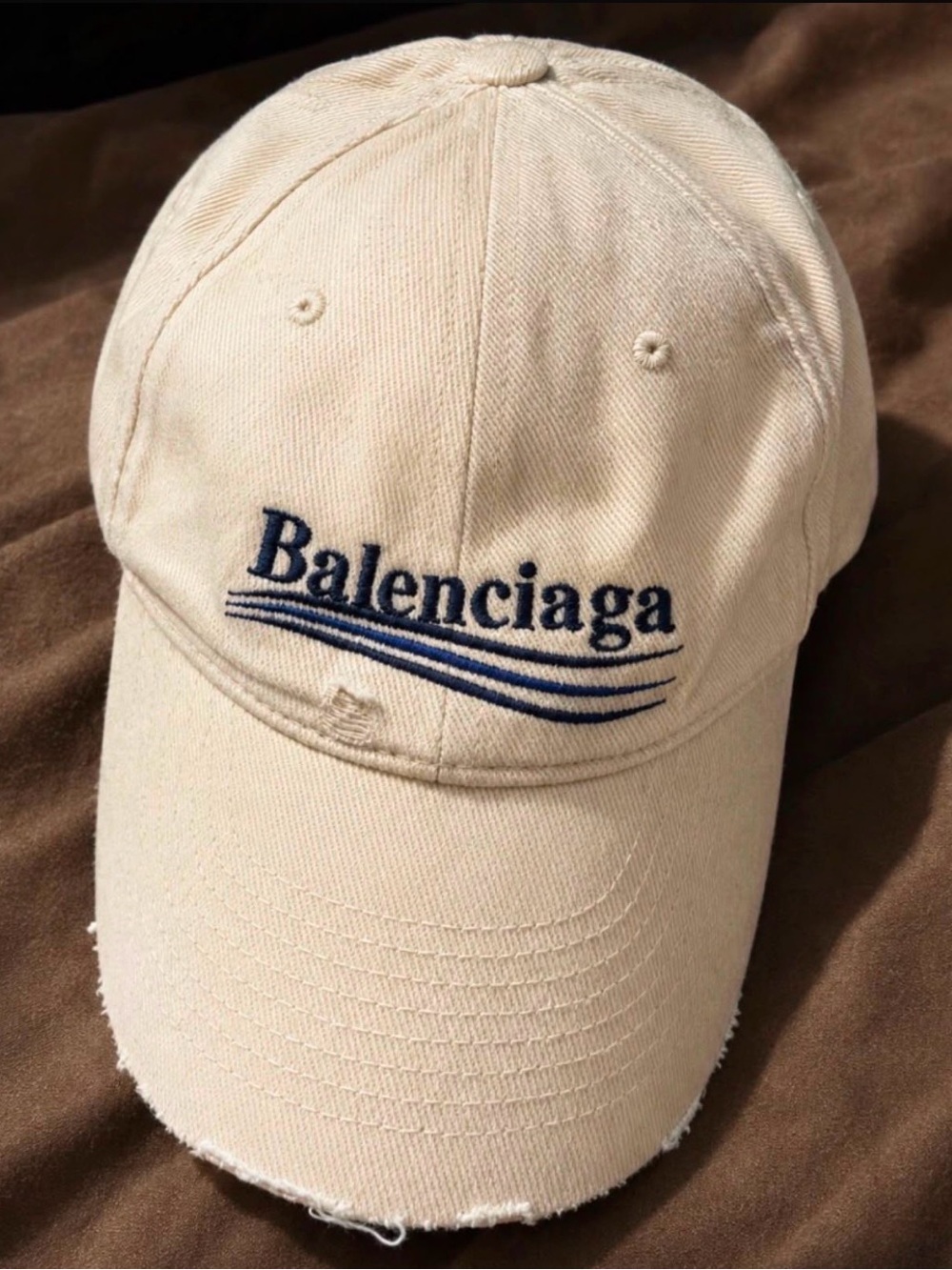 Balenciaga Beige Baseball Cap with Navy Embroidered Logo
